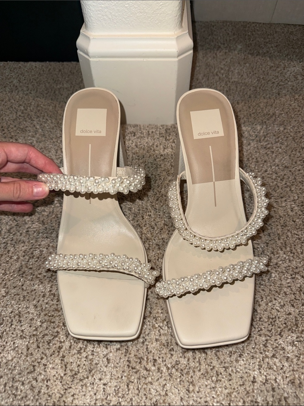 Dolce Vita Cream Pearl-Strap Square-Toe Slide Mules